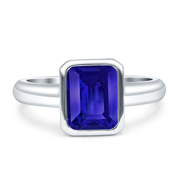 Bezel Set 9mmx7mm Emerald Engagement Ring Simulated Blue Sapphire CZ 925 Sterling Silver Wholesale